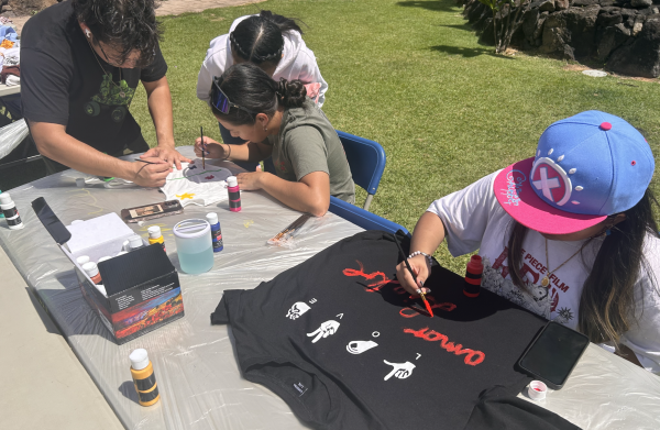 Students of Chaminade altering their clothes at the Threads and Thrills event for SDG Action and Awareness Week. Cade Garcia, Maureen Nelly Mañosca, Noelani Tugaoen, and Jasmine Mondelo (left to right)